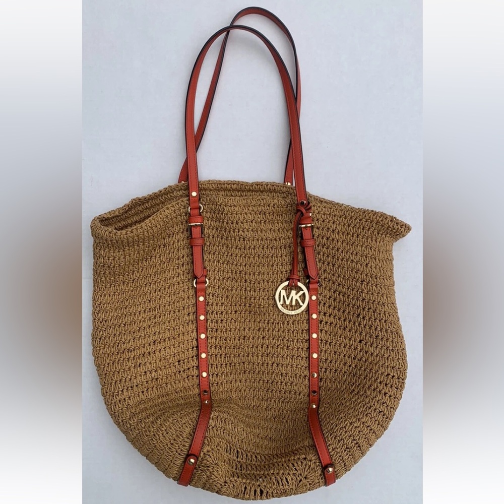 Michael Kors Raffia Orange Leather Trimmed Large Tote Beach Bag